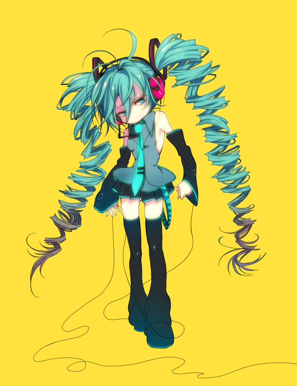 caterpillar (artist), shiratama shima, hatsune miku, vocaloid, 1girl, alternate hairstyle, aqua hair, boots, detached sleeves, drill hair, female focus, green hair, headphones, long hair, microphone, multicolored hair, necktie, skirt, solo, thigh boots, thighhighs, twin drills, twintails, very long hair, zettai ryouiki