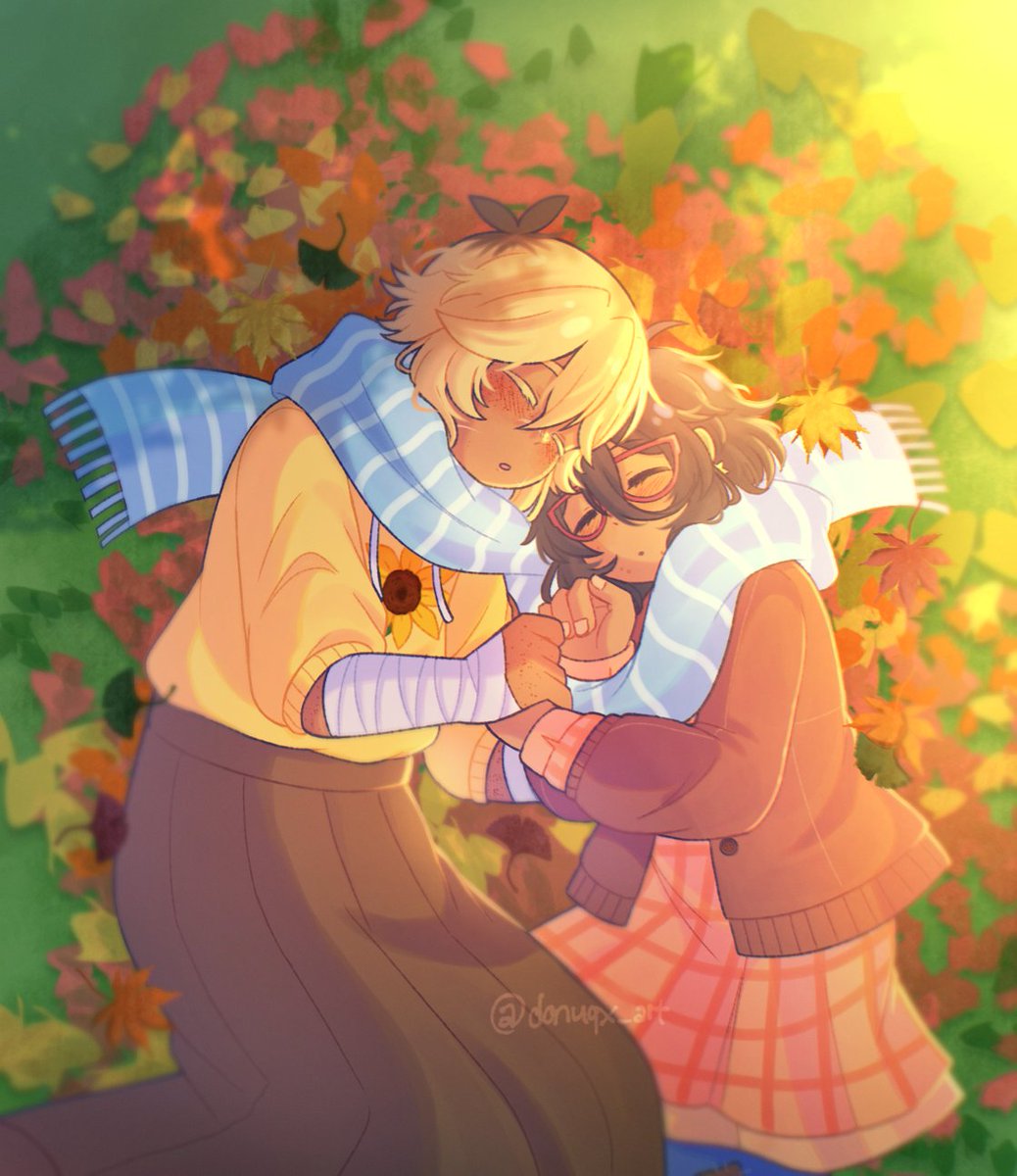 donuqx, basil (faraway) (omori), basil (omori), mincy (omori), omori, highres, 1boy, 1girl, alternate costume, alternate skin color, antenna hair, autumn leaves, black hair, black skirt, blonde hair, blue scarf, brown coat, closed eyes, closed mouth, coat, dark-skinned female, dark-skinned male, dark skin, double-parted bangs, freckles, glasses, hair between eyes, holding hands, leaf, long skirt, long sleeves, lying, multicolored hair, on side, parted lips, pleated skirt, red-framed eyewear, roots (hair), scarf, shared clothes, shared scarf, short hair, skirt, striped clothes, striped scarf, twitter username, vertical-striped clothes, vertical-striped scarf