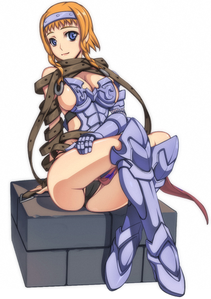 caryo, nanashino, exiled warrior leina, leina (queen's blade), queen's blade, 00s, 1girl, armor, blue eyes, braid, breasts, buckle, cleavage, female focus, hairband, large breasts, panties, short hair, short hair with long locks, side braid, sitting, solo, twin braids, underwear