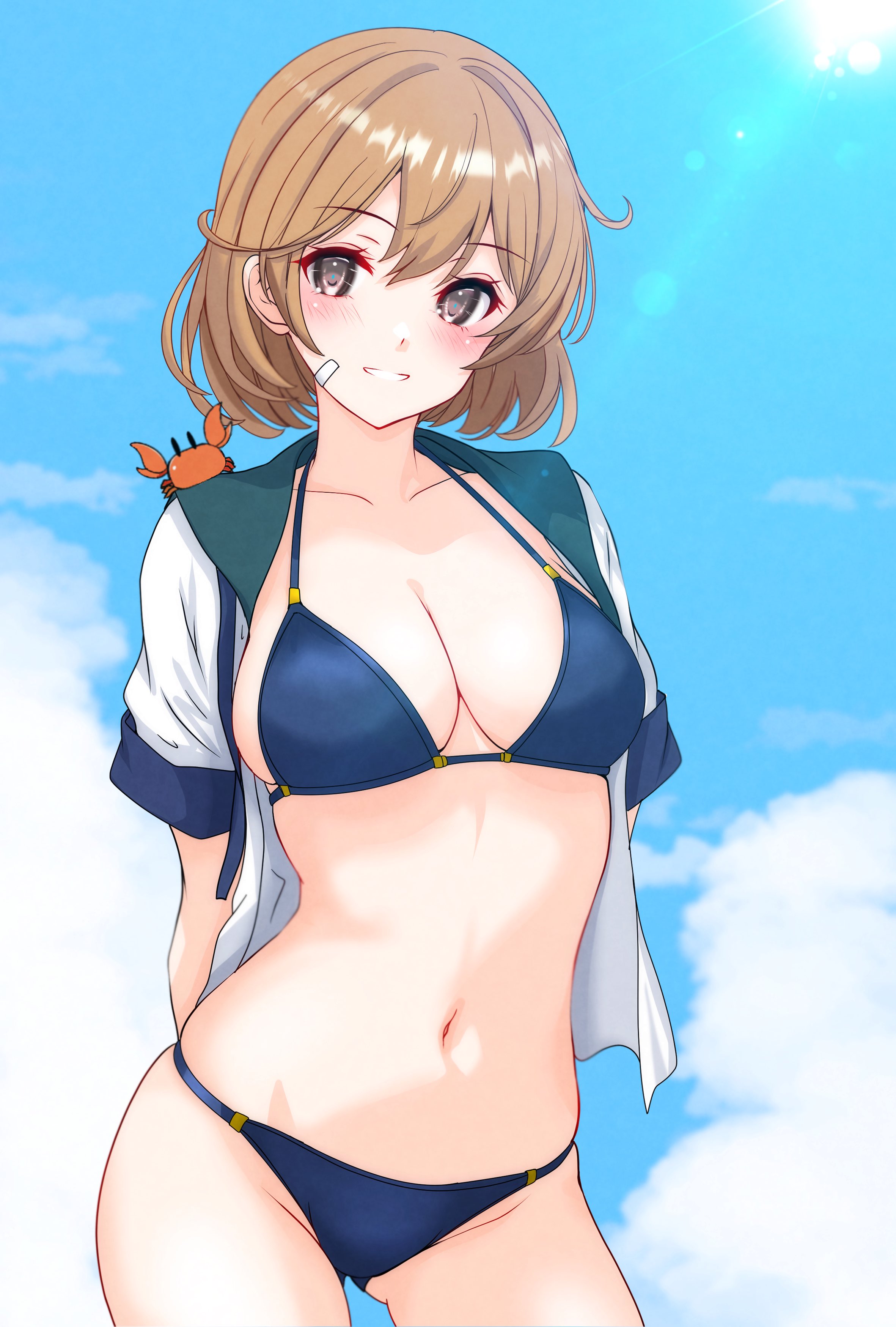 nitamako (sakamalh), oboro (kancolle), kantai collection, absurdres, highres, 1girl, bandaid, beach, bikini, blue bikini, blue sailor collar, blue sky, breasts, brown eyes, brown hair, cloud, cloudy sky, cowboy shot, crab on shoulder, day, gluteal fold, medium breasts, open clothes, open shirt, sailor collar, sand, shirt, short hair, sky, smile, sun, swimsuit, white shirt