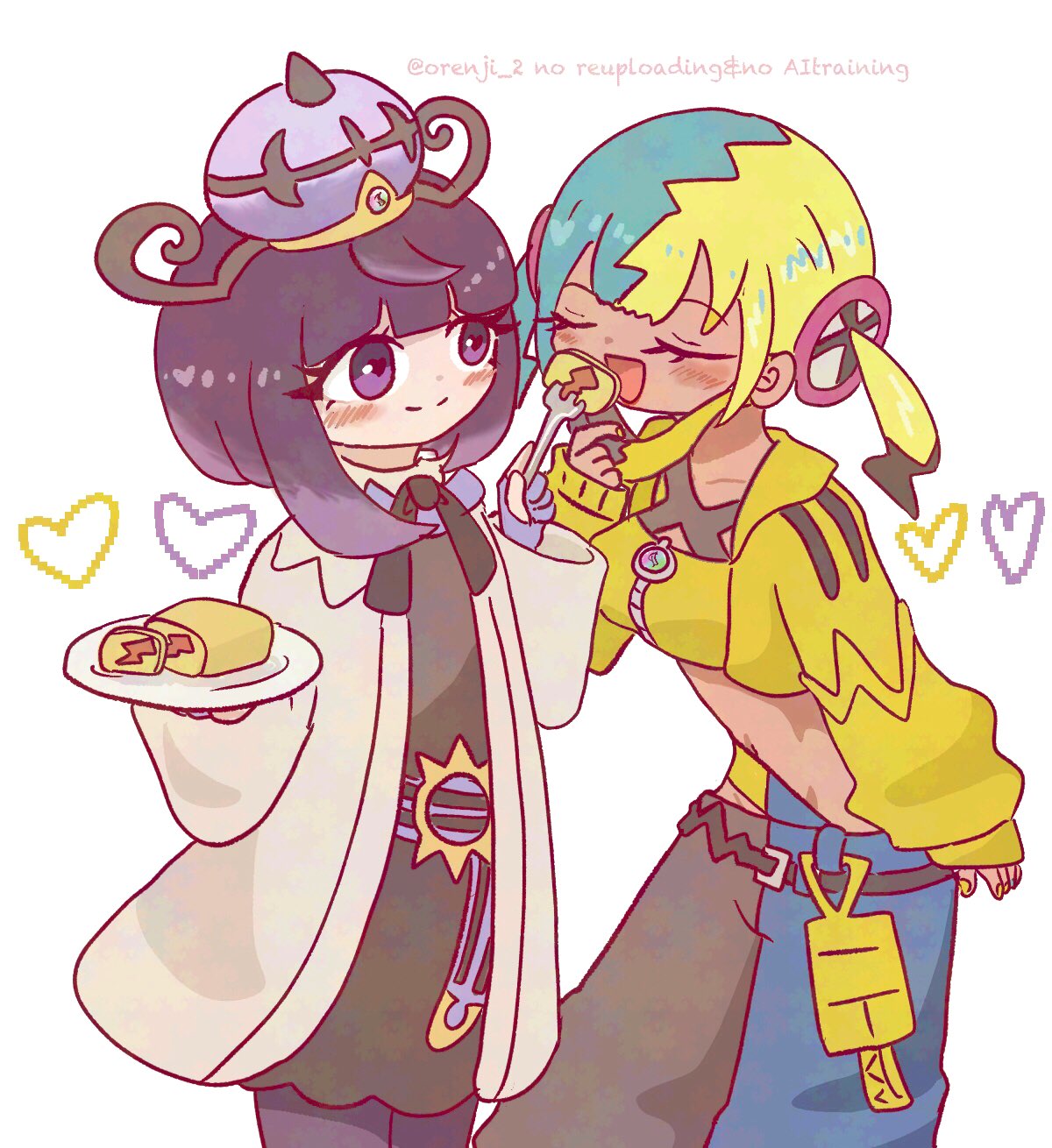 orenji 2, canari (pokemon), gwynn (pokemon), nintendo, pokemon, pokemon legends: z-a, commentary request, highres, 2girls, aqua hair, black dress, black hair, black pants, blonde hair, blue nails, blue pants, blunt bangs, blush, bob cut, closed mouth, coat, crop top, cropped jacket, dark-skinned female, dark skin, dress, feeding, food, fork, gloves, hat, heart, heart-shaped pupils, holding, holding fork, holding plate, jacket, long sleeves, mask pull, mega stone, multicolored hair, multiple girls, open clothes, open coat, open jacket, open mouth, pants, partially fingerless gloves, plate, purple eyes, purple hair, short hair, sleeves past wrists, smile, split-color hair, symbol-shaped pupils, twintails, twitter username, two-tone pants, white background, white coat, yellow nails, yuri