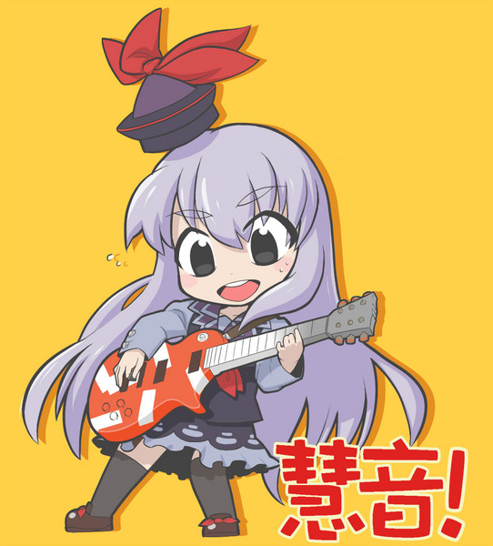 ume (noraneko), kamishirasawa keine, touhou, 1girl, chibi, female focus, full body, guitar, instrument, ribbon, simple background, solo, standing, thighhighs