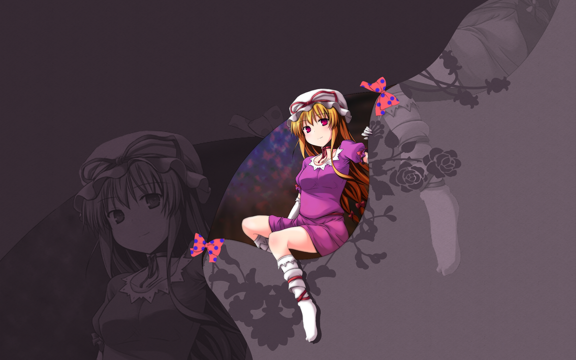 konoha kuzunoki, nanahoshi pal, yakumo yukari, touhou, highres, 1girl, blonde hair, breasts, dress, elbow gloves, female focus, gap (touhou), gloves, hat, red eyes, socks, solo