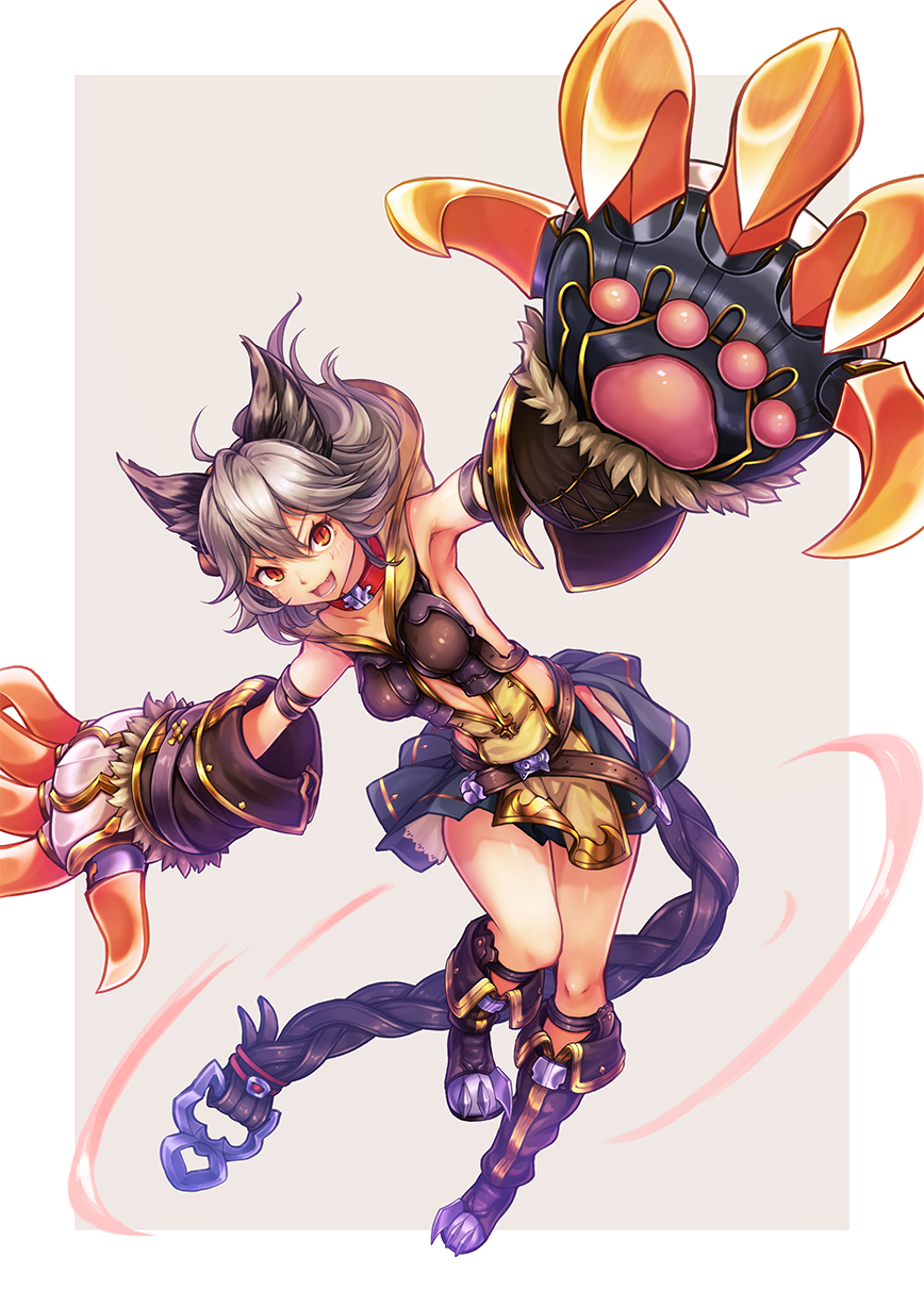 poroze, sen (granblue fantasy), granblue fantasy, commentary request, highres, 1girl, :d, animal ears, backless outfit, boots, breasts, claw (weapon), clawed boots, clothing cutout, collar, erune, fang, gloves, grey background, grey hair, hood, hood down, knee boots, looking at viewer, navel cutout, open mouth, red collar, red eyes, sideless outfit, simple background, smile, solo, weapon