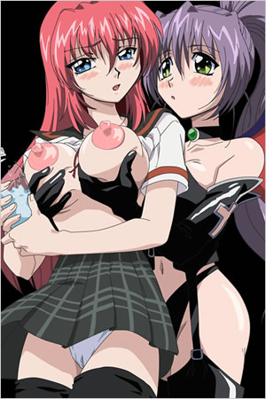 yasuno yoshiaki, mina (ane haramix), takami hitomi, ane haramix, lilith-soft, plaid, lowres, official art, 00s, 2girls, black thighhighs, blue eyes, blush, bottle, breasts, cameltoe, choker, clothes lift, demon girl, elbow gloves, garter belt, gloves, green eyes, groping, large breasts, long hair, medium breasts, multiple girls, navel, nipples, panties, ponytail, puffy nipples, purple hair, red hair, school uniform, shirt lift, skirt, thighhighs, underwear, white panties, yuri