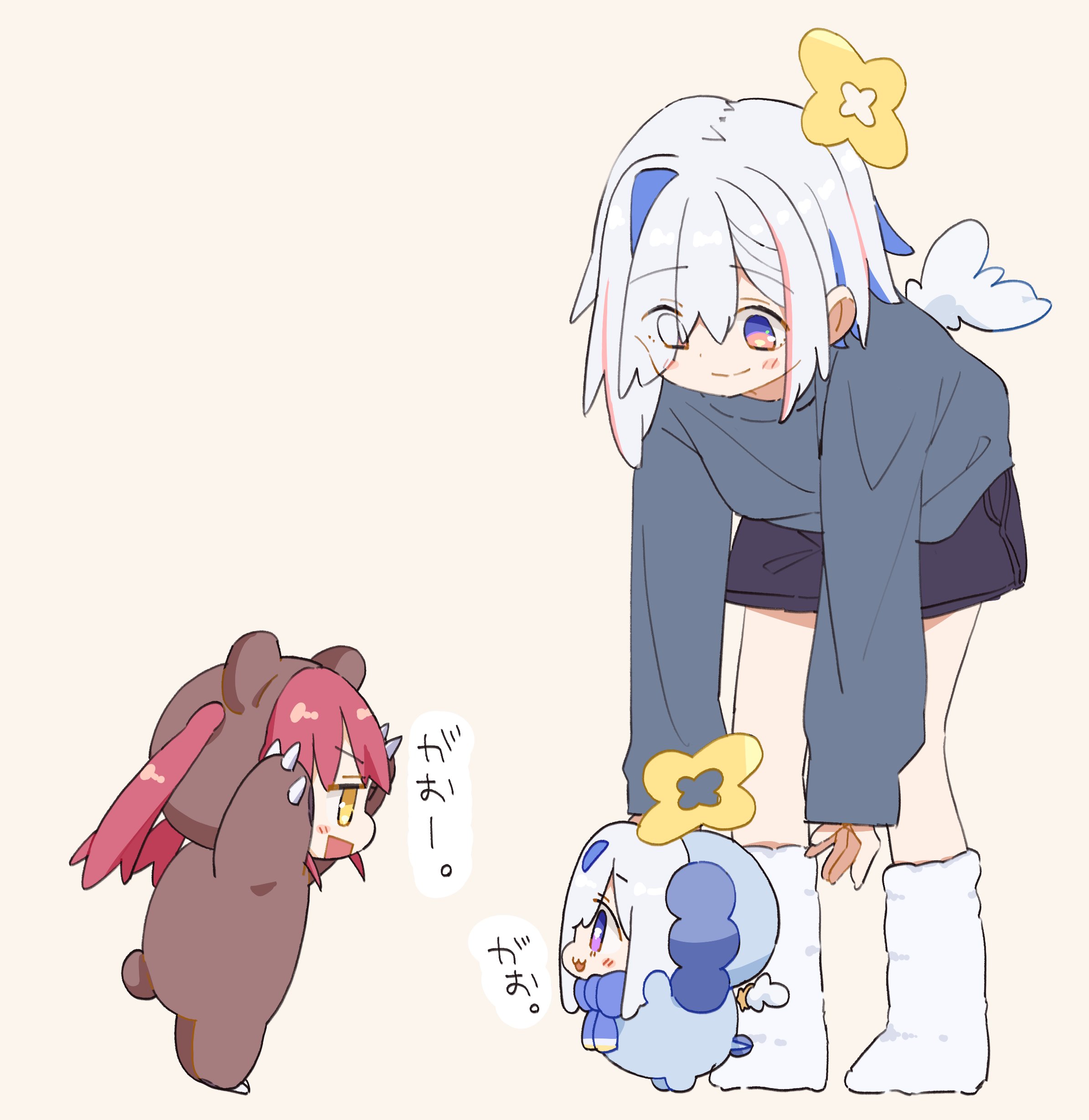 shigeo (shg kmkr), amane kanata, houshou kumarine, houshou marine, hololive, absurdres, commentary request, highres, translated, 3girls, :3, alternate costume, animal costume, bear costume, black shorts, blue eyes, boots, full body, grey hair, grey shirt, halo, long sleeves, looking at another, multiple girls, open mouth, red hair, roaring, shirt, short hair, shorts, simple background, size difference, smile, speech bubble, standing, twintails, virtual youtuber, white boots, wings, yellow eyes, yellow halo