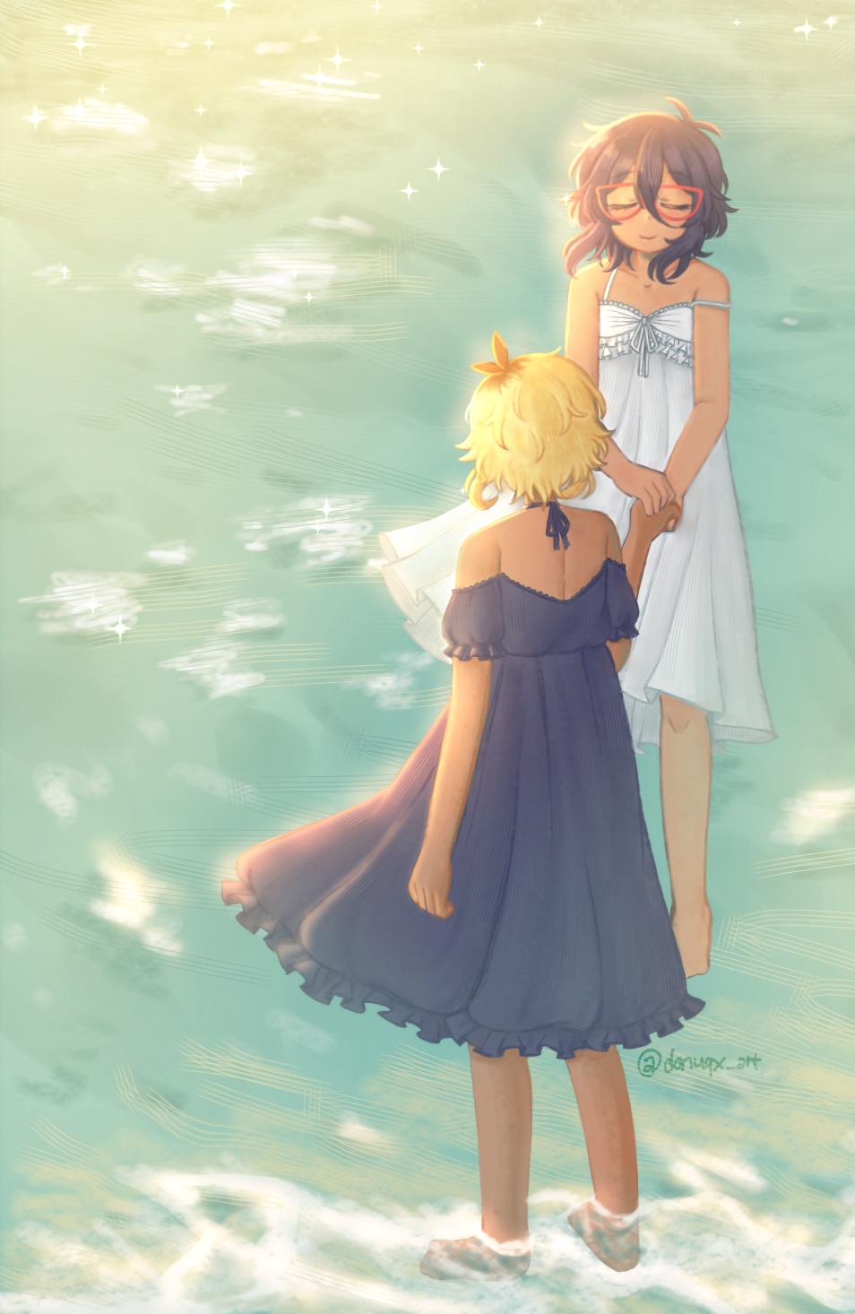 donuqx, basil (faraway) (omori), basil (omori), mincy (omori), omori, highres, 1boy, 1girl, antenna hair, barefoot, black dress, black hair, blonde hair, closed eyes, closed mouth, collarbone, crossdressing, crossdressing (mtf), dark-skinned female, dark-skinned male, dark skin, day, double-parted bangs, dress, hair between eyes, multicolored hair, outdoors, roots (hair), short hair, twitter username, water, white dress