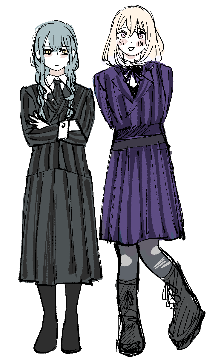 milfcookiesimp, enid sinclair, misumi uika, togawa sakiko, wednesday addams, bang dream!, bang dream! it's mygo!!!!!, the addams family, wednesday (netflix), highres, 2girls, blonde hair, blue hair, blush stickers, cosplay, crossed arms, enid sinclair (cosplay), frown, full body, long hair, medium hair, multiple girls, nevermore academy school uniform, purple eyes, school uniform, simple background, skirt, smile, wednesday addams (cosplay), white background, yellow eyes