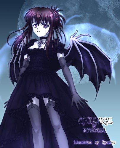 chikage (sister princess), sister princess, lowres, 00s, 1girl, artist name, character name, choker, cross, elbow gloves, female focus, garter straps, gloves, goth fashion, solo, thighhighs, wings