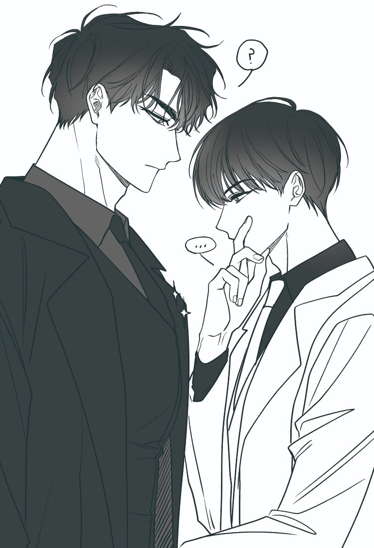 maga mok23, kim dokja, yoo joonghyuk, omniscient reader's viewpoint, commentary request, korean commentary, …, 2boys, ?, black coat, black eyes, black hair, black necktie, black shirt, black vest, coat, collared shirt, covering own mouth, cowboy shot, curtained hair, from side, looking at another, looking at pectorals, male focus, multiple boys, necktie, pectorals, shirt, short hair, spoken ellipsis, spoken question mark, tight clothes, tight shirt, vest, white coat, white necktie