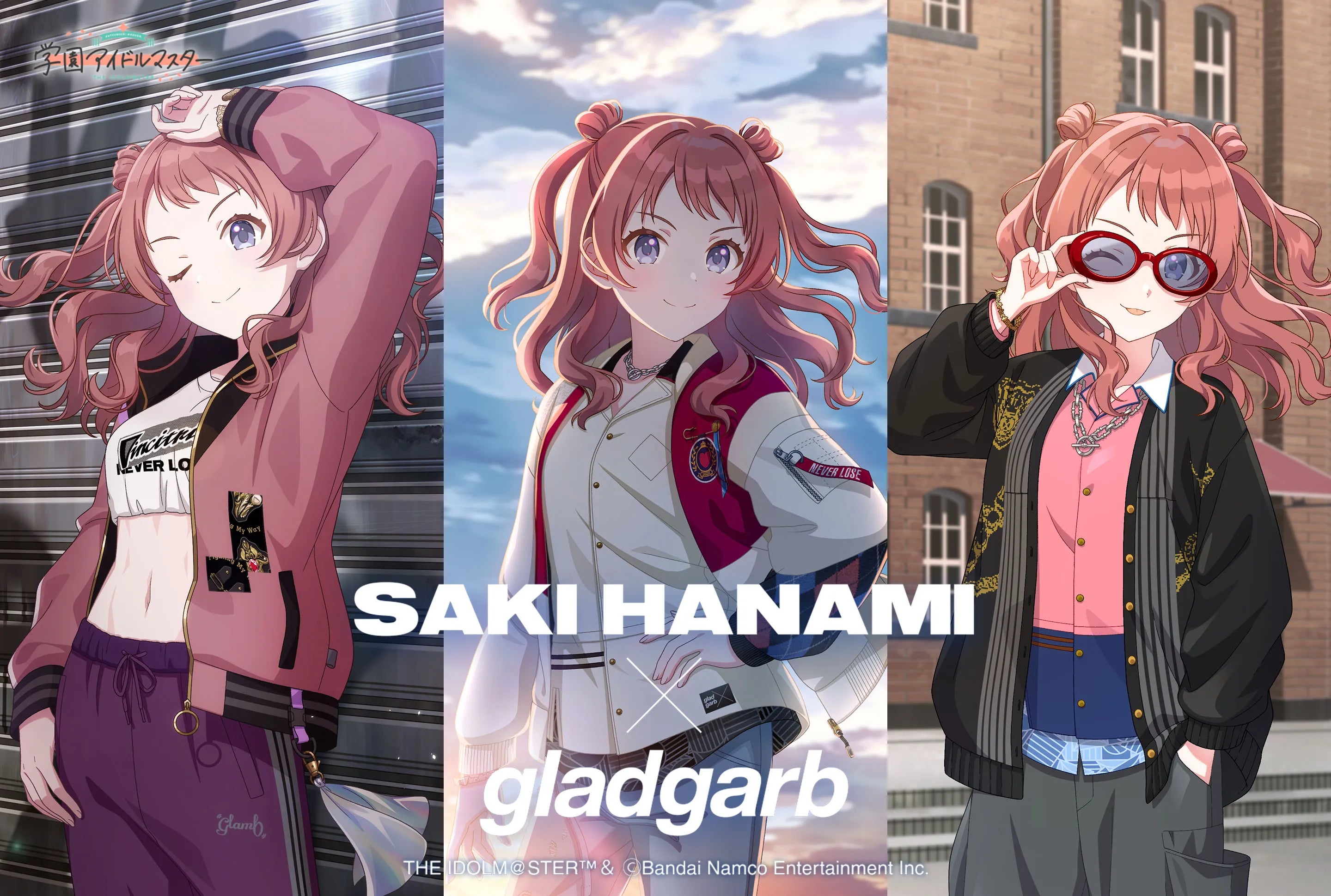 hanami saki, gakuen idolmaster, idolmaster, highres, official art, 1girl, arm up, black jacket, blue eyes, blue pants, bracelet, brown hair, brown jacket, collage, crop top, grey pants, hand in pocket, jacket, jewelry, long hair, long sleeves, looking at viewer, multiple views, navel, necklace, one eye closed, pants, pink shirt, purple pants, red-framed eyewear, shirt, smile, solo, stomach, sunglasses, tongue, two side up, white jacket, white shirt