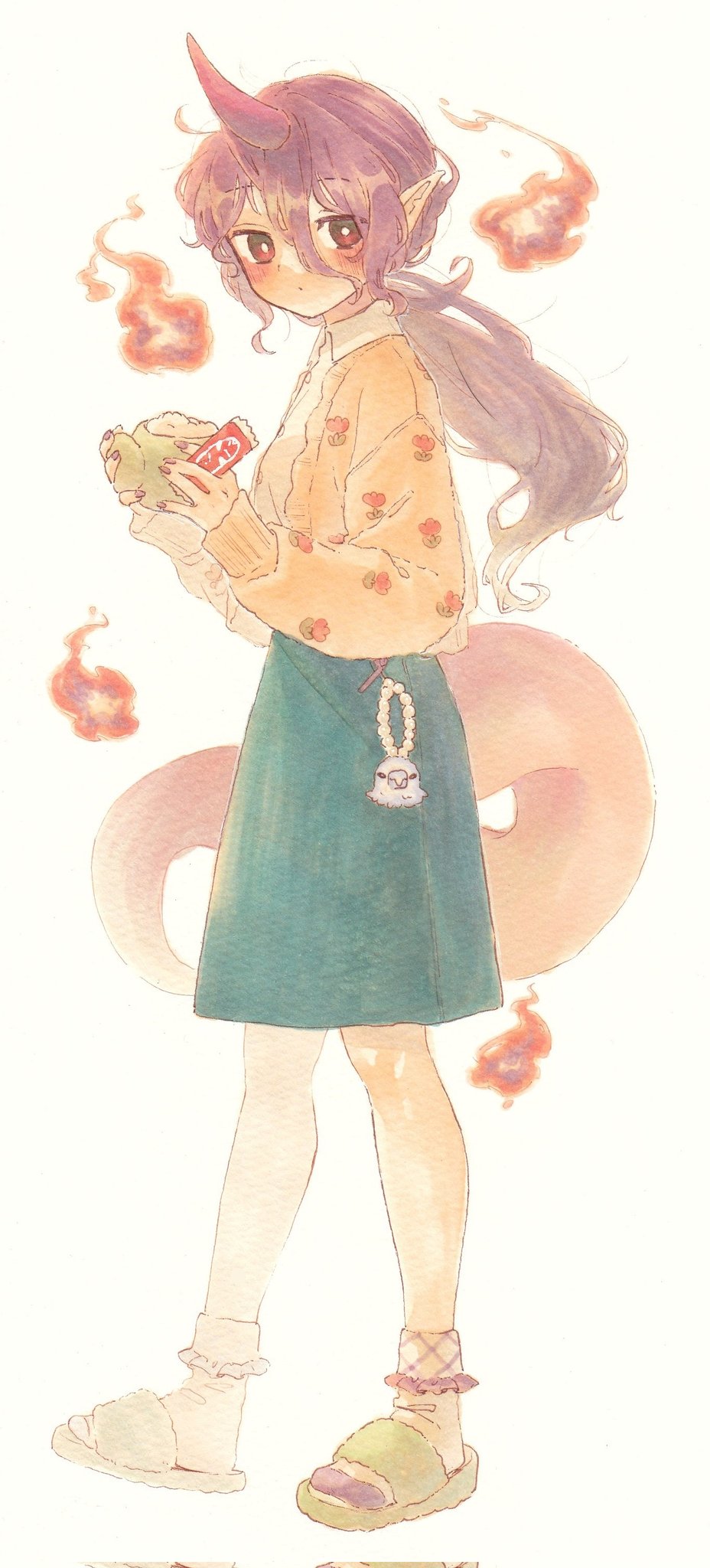 sasa6666s, tenkajin chiyari, touhou, commentary request, highres, 1girl, alternate costume, animal charm, blue skirt, blush, bright pupils, candy, cardigan, charm (object), collared shirt, fire, floral print, food, frilled socks, frills, full body, green shoes, hair between eyes, holding, holding food, horns, long hair, looking at viewer, low ponytail, medium skirt, open cardigan, open clothes, pointy ears, ponytail, purple hair, purple horns, purple nails, red eyes, sandals, shirt, shoes, simple background, single horn, skirt, slides, socks, solo, tail, wavy hair, white background, white pupils, white shirt, white socks