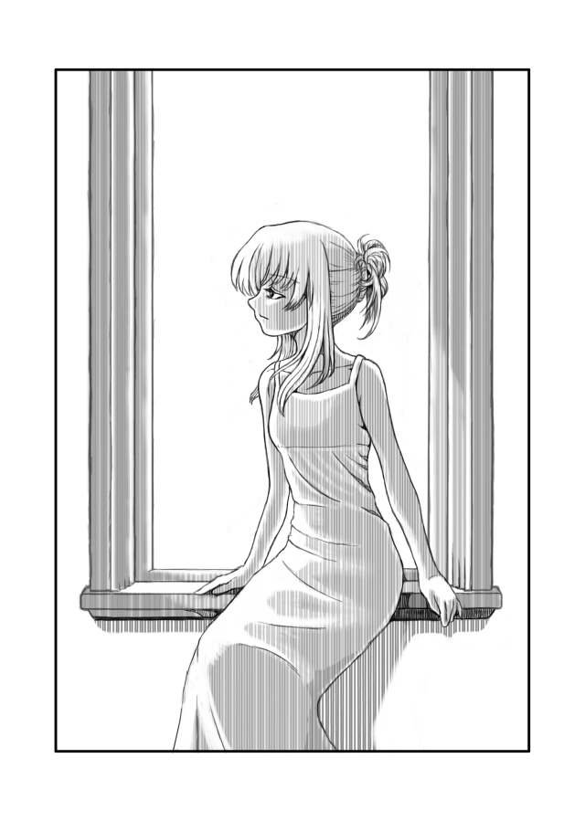 chikage (sister princess), sister princess, 00s, dress, monochrome, sitting, window