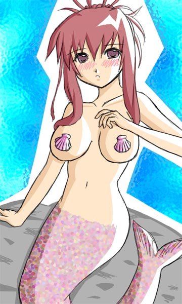 chikage (sister princess), sister princess, 00s, 1girl, blush, breasts, female focus, looking at viewer, mermaid, monster girl, navel, seashell, shell, solo
