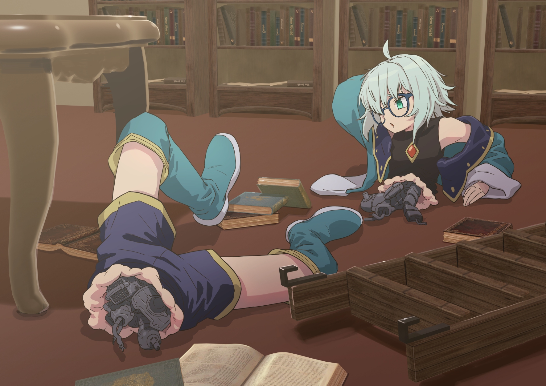 vanillaklein, vanilla (vanillaklein), original, bilingual commentary, highres, mixed-language commentary, 1boy, ahoge, android, aqua boots, aqua jacket, bisected, black shirt, blue shorts, book, book stack, bookshelf, boots, damaged, exposed internal machinery, full body, glasses, green eyes, grey hair, hair over one eye, indoors, jacket, ladder, library, male focus, mechabare, on floor, open book, shirt, short hair, shorts, solo, table, thigh boots