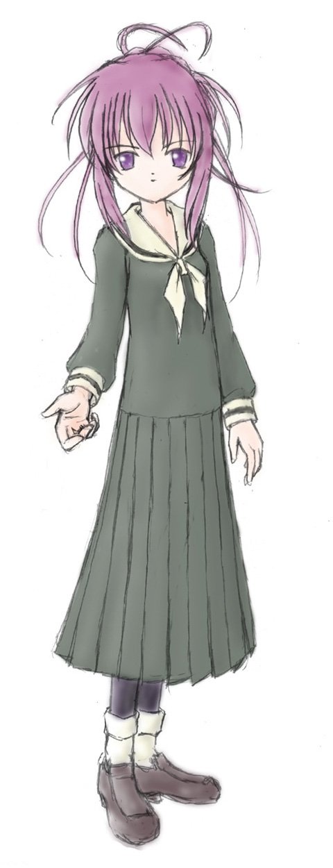 chikage (sister princess), sister princess, highres, 00s, 1girl, female focus, full body, long sleeves, looking at viewer, purple eyes, school uniform, serafuku, simple background, solo, white background