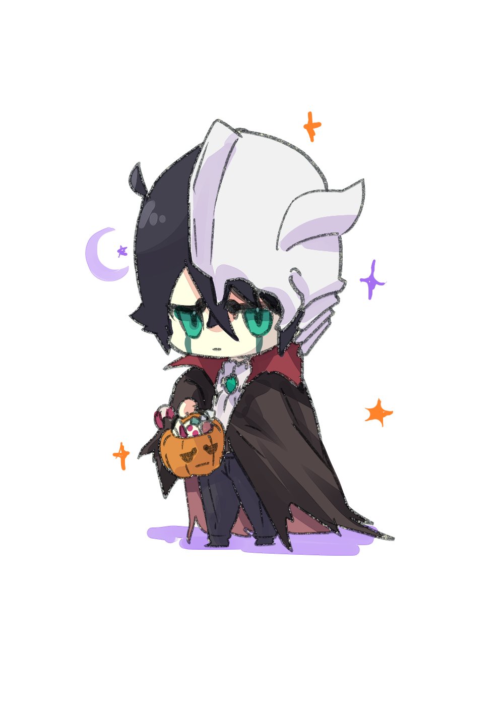 hishui prpr, dracula, ulquiorra cifer, bleach, highres, 1boy, arrancar, black hair, bram stoker's dracula, broken helmet, candy, cape, chibi, closed mouth, colored sclera, colored skin, cosplay, dracula (cosplay), e costume, facial mark, fake horns, food, green eyes, green sclera, hair between eyes, halloween, halloween bucket, halloween costume, helmet, holding, hollow (bleach), horned helmet, horns, jack-o'-lantern, long hair, long sleeves, looking at viewer, male focus, short hair, simple background, solo, trick or treat, vampire, vampire costume, white background, white skin