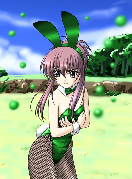chikage (sister princess), sister princess, 00s, 1girl, animal ears, detached collar, fake animal ears, female focus, fishnet pantyhose, fishnets, outdoors, pantyhose, playboy bunny, rabbit ears, rabbit tail, solo, tail, wrist cuffs