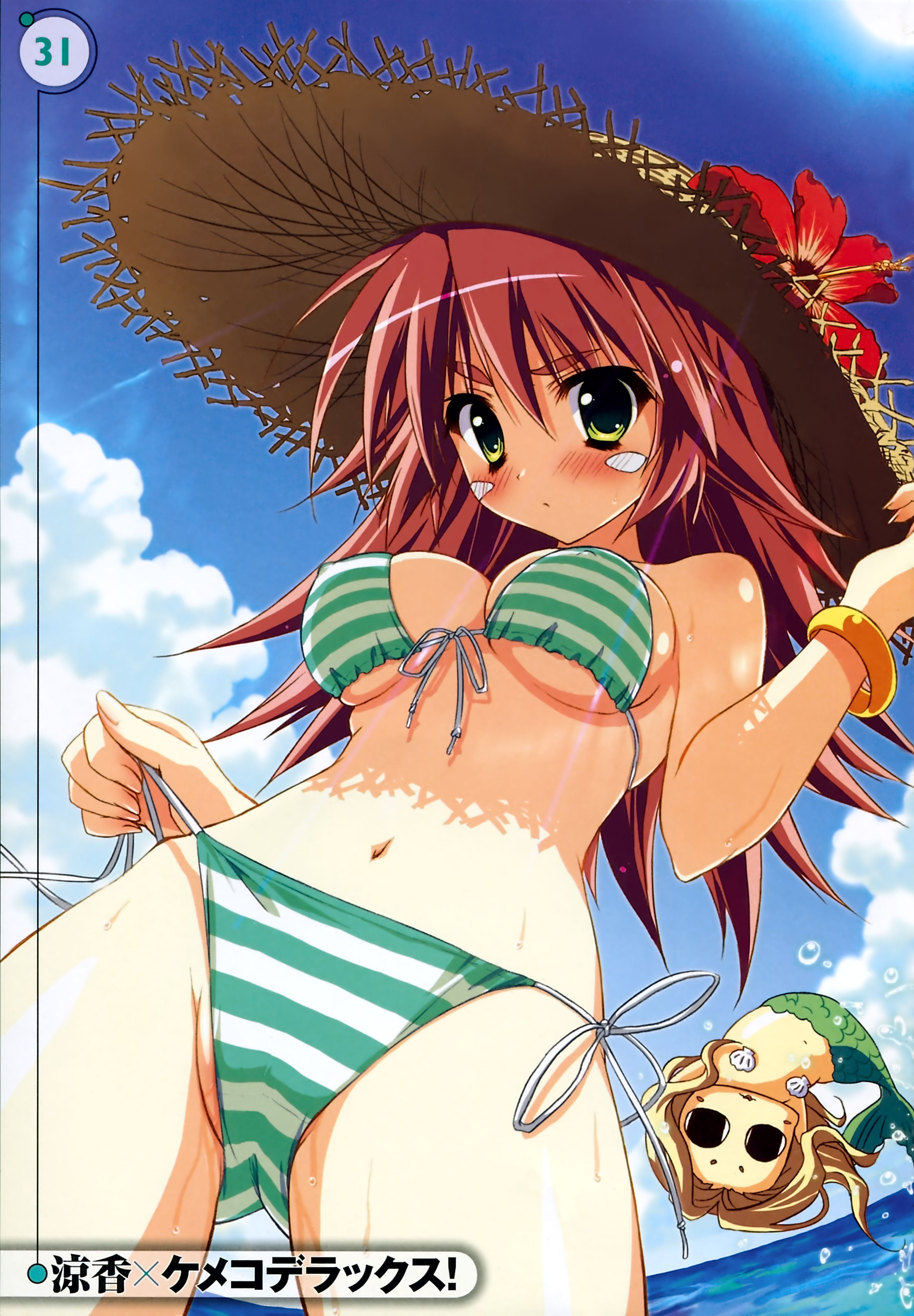 ryouka (suzuya), kemeko, kemeko (kemeko deluxe), mm, mm (kemeko deluxe), kemeko deluxe, absurdres, highres, 00s, 1girl, adjusting clothes, adjusting swimsuit, arm up, bikini, blonde hair, blush, bracelet, breasts, cameltoe, cloud, copyright name, day, fisheye, flower, front-tie top, green eyes, hat, hat flower, hibiscus, jewelry, large breasts, long hair, mermaid, monster girl, navel, ocean, outdoors, red hair, shell, shell bikini, side-tie bikini bottom, sky, straw hat, striped bikini, striped clothes, sun, swimsuit, underboob, water, wet