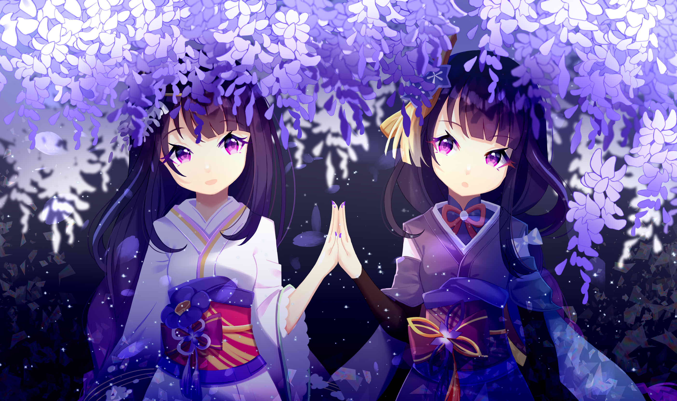 nozomi (lynn01302002), makoto (genshin impact), raiden shogun, genshin impact, commentary request, highres, aged down, blunt bangs, bridal gauntlets, flower, hair ornament, hand on another's hand, head tilt, japanese clothes, kimono, long hair, long sleeves, looking at another, looking to the side, neck ribbon, no mole, open mouth, outdoors, purple background, purple kimono, red ribbon, red sash, ribbon, sash, siblings, sisters, standing, twins, wide sleeves, wisteria