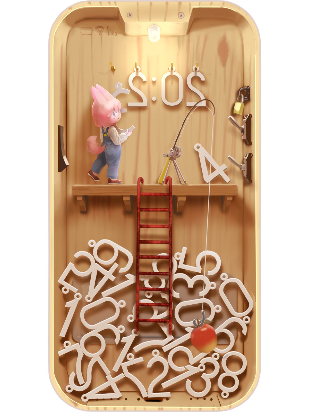 nekoita, original, commentary, highres, 1girl, animal ears, apple, blue eyes, blue overalls, brown shoes, cat ears, cat girl, cat tail, ceiling light, cellphone, choco (nekoita), fishing rod, food, fruit, holding, ladder, lever, light switch, lock, mini person, minigirl, overalls, padlock, parted lips, phone, pink hair, shirt, shoes, short hair, smartphone, solid oval eyes, solo, standing, standing on one leg, tail, timestamp, white shirt