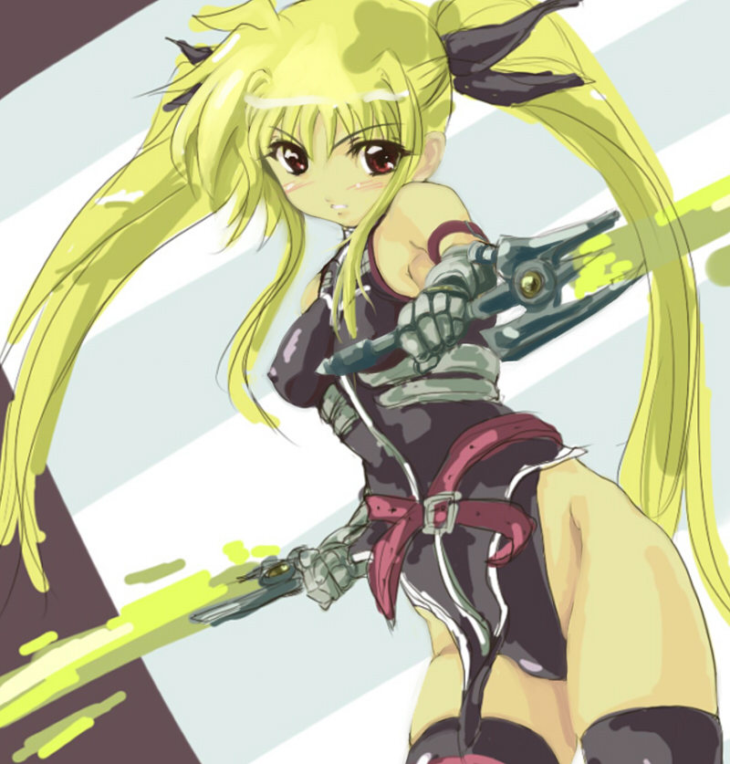 junsama, bardiche (nanoha), bardiche (riot zanber stinger) (nanoha), fate testarossa, fate testarossa (true sonic form), lyrical nanoha, mahou shoujo lyrical nanoha, mahou shoujo lyrical nanoha strikers, bad id, bad pixiv id, 00s, energy sword, solo, sword, thighhighs, twintails, weapon