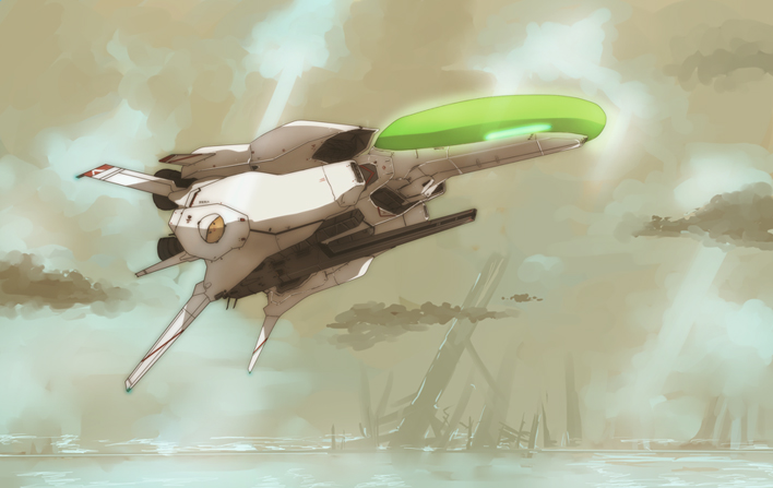 hamushima, r-9a arrowhead, irem, r-type, r-type final, bad id, bad pixiv id, building, cloud, no humans, ruins, science fiction, ship, spacecraft, starfighter, sunlight, water, watercraft