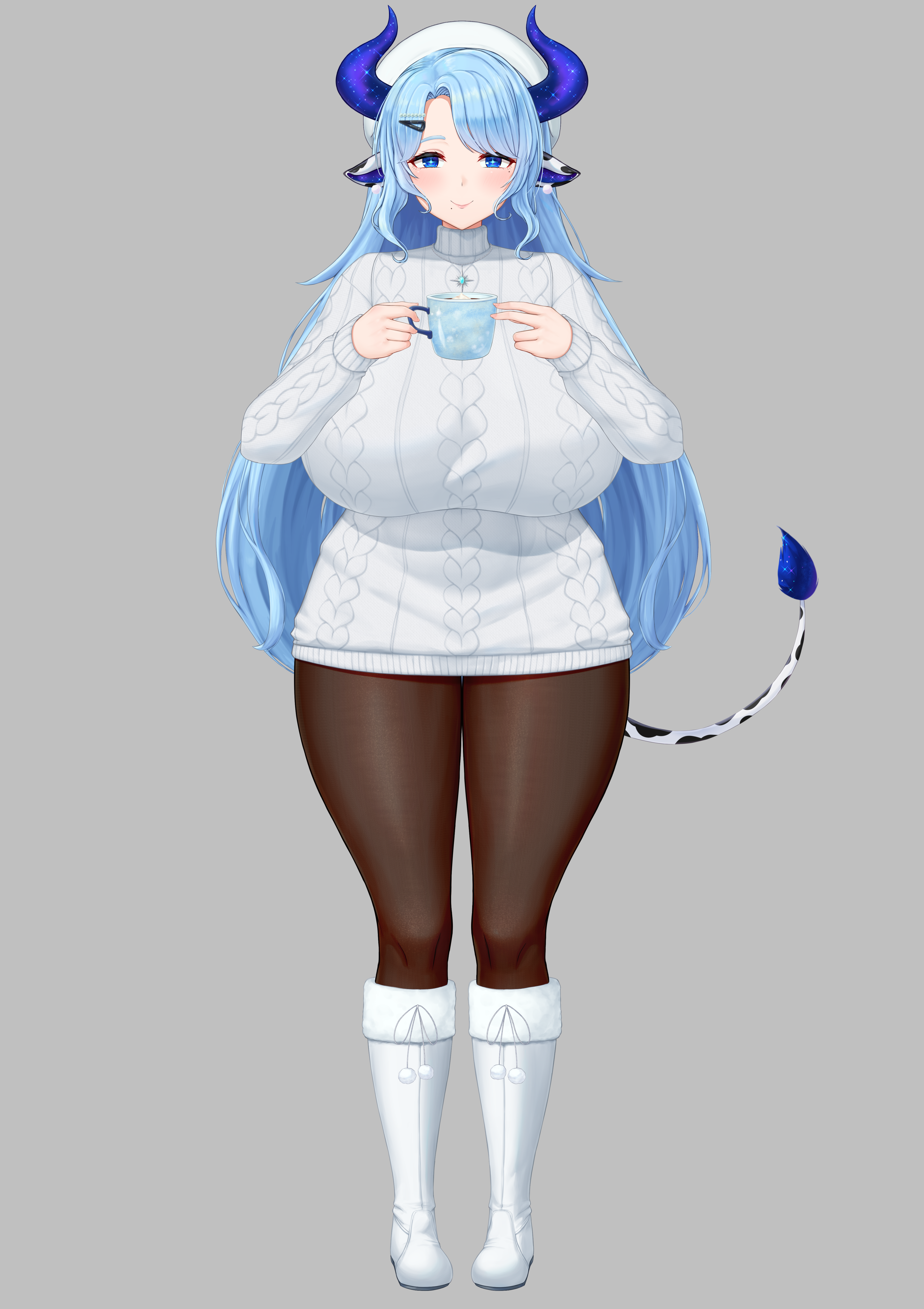 cream cod, miilkywayz, indie virtual youtuber, absurdres, highres, official art, second-party source, 1girl, animal ears, animal print, blue eyes, blue hair, blue horns, blue pupils, boots, breasts, bright pupils, closed mouth, cow ears, cow girl, cow tail, cup, earrings, full body, grey background, hair ornament, hairclip, hat, holding, holding cup, horns, huge breasts, jewelry, long hair, long sleeves, mole, mole under eye, mole under mouth, necklace, pantyhose, parted bangs, pom pom (clothes), pom pom earrings, sidelocks, simple background, solo, standing, star-shaped pupils, star (symbol), straight-on, sweater, symbol-shaped pupils, tachi-e, tail, thick thighs, thighs, turtleneck, turtleneck sweater, virtual youtuber, white boots, white hat, white sweater