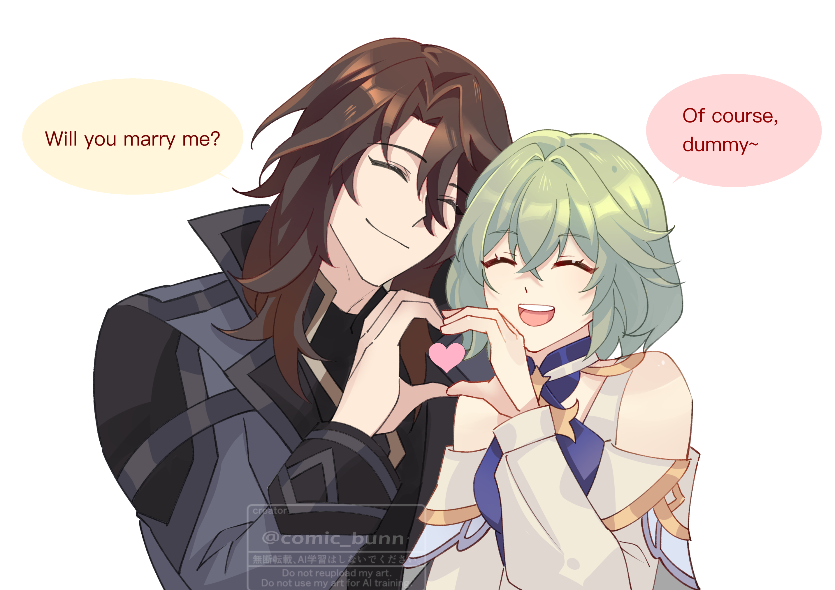 bunn (comic bunn), rerir (genshin impact), genshin impact, commentary, english commentary, highres, 1boy, 1girl, ^ ^, bare shoulders, brown hair, closed eyes, closed mouth, couple, dress, english text, green hair, grey jacket, heart, heart hands, heart hands duo, hetero, jacket, long sleeves, medium hair, open mouth, simple background, smile, speech bubble, teeth, tholindis (genshin impact), twitter username, upper body, upper teeth only, white background, white dress