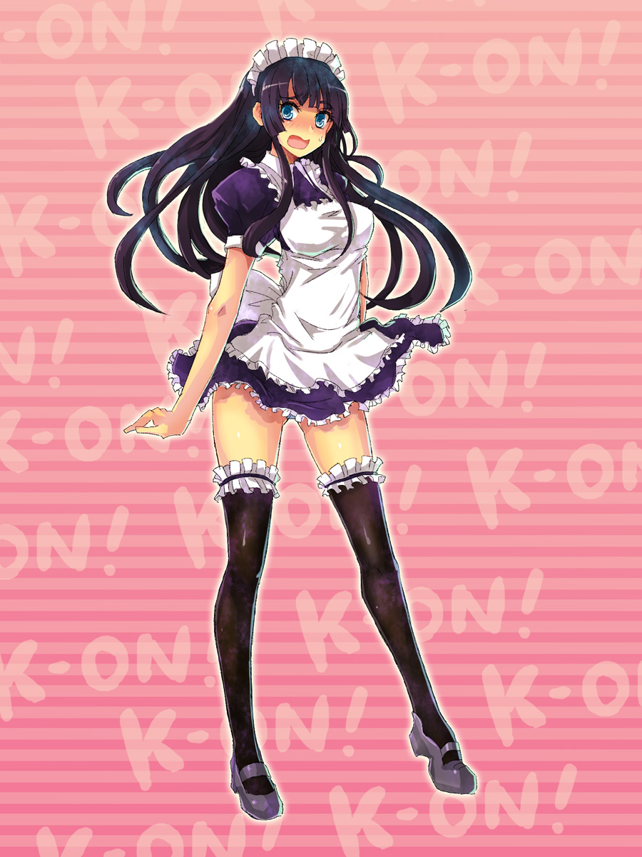 kara (color), akiyama mio, k-on!, highres, 00s, 1girl, alternate costume, apron, black hair, black thighhighs, blue eyes, blunt bangs, blush, dress, embarrassed, enmaided, female focus, frilled thighhighs, frills, hime cut, long hair, maid, maid apron, maid headdress, mary janes, panties, shoes, short dress, solo, sweatdrop, thighhighs, underwear, zettai ryouiki