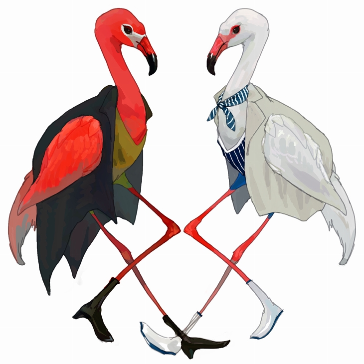 nagabe, original, commentary request, animal, bird, black coat, blue neckerchief, clothed animal, coat, flamingo, full body, jacket, neckerchief, no humans, simple background, white background