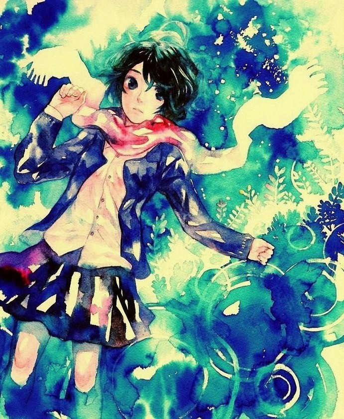 akitomo, kasumi (hitokuri), original, bad id, bad pixiv id, painting (medium), traditional media, watercolor (medium), 1girl, black eyes, black hair, cardigan, dress shirt, female focus, lying, miniskirt, ripples, scarf, shirt, short hair, skirt, solo, water