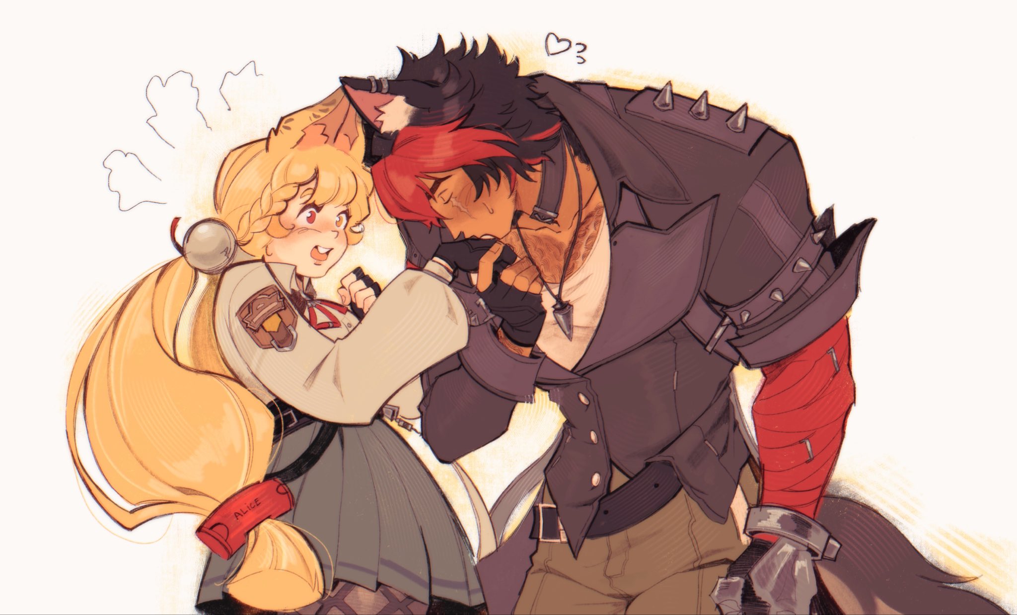 alice thymefield, komano manato, zenless zone zero, highres, 1boy, 1girl, animal ears, bandaged arm, bandages, black coat, blonde hair, blush, coat, hair ornament, hetero, heterochromia, kiss, kissing hand, long hair, low twintails, papertrlck, rabbit ears, rabbit girl, red eyes, simple background, sphere hair ornament, surprised, twintails, white background, yellow eyes