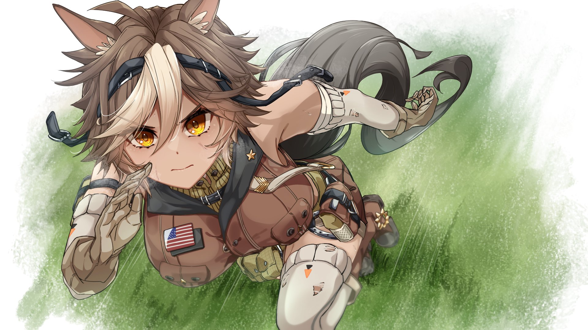 dameyoshi, tomoe umari, tomoe umari (1st costume), v-dere, commentary, commission, english commentary, highres, second-party source, 1girl, ahoge, animal ears, black gloves, breasts, brown eyes, brown fur, brown shirt, brown shorts, closed mouth, frown, gloves, grass, hair between eyes, horse ears, horse girl, horse tail, large breasts, leaning forward, looking at viewer, motion blur, multicolored hair, running, shirt, shorts, solo, tail, thighhighs, virtual youtuber, white thighhighs