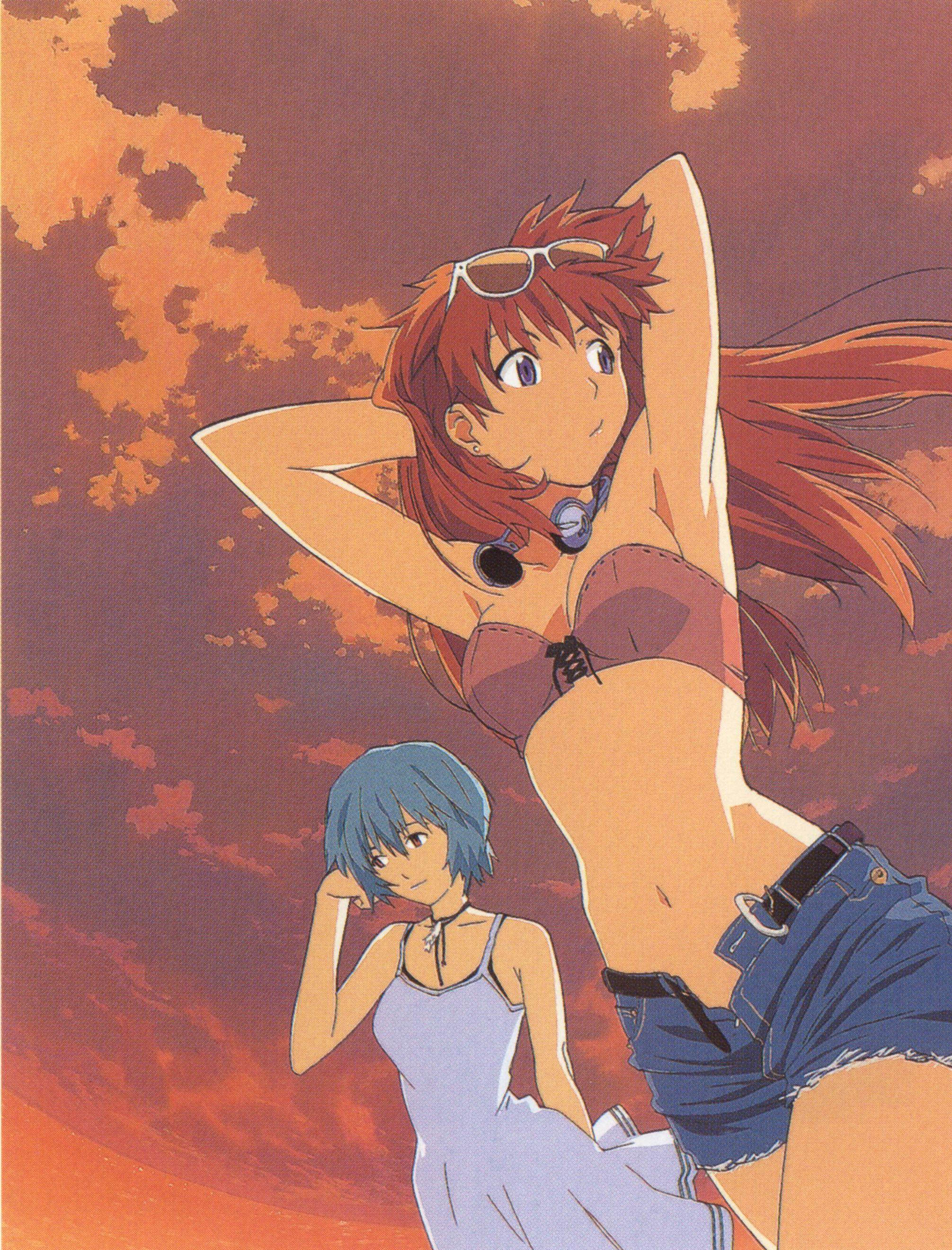 sushio, ayanami rei, souryuu asuka langley, neon genesis evangelion, absurdres, highres, scan, scan artifacts, 2girls, armpits, arms behind head, bandeau, bare shoulders, beach, belt, blue eyes, blue hair, choker, cloud, denim, denim shorts, dress, dutch angle, earphones, evening, eyewear on head, front-tie top, hair ornament, hairclip, headphones, headphones around neck, midriff, multiple girls, open belt, open clothes, open fly, open shorts, outdoors, red eyes, red hair, shorts, sky, strapless, sundress, sunglasses, tube top, unbuckled, unbuttoned, unzipped, water