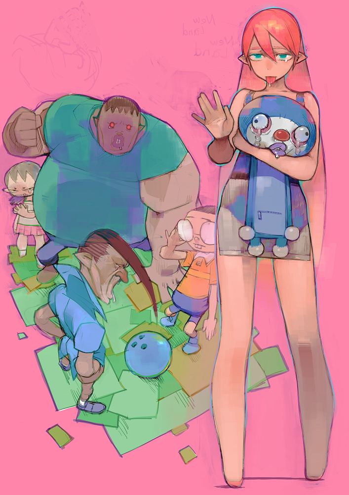 umezawa michiko, doraemon (character), nobi nobita, doraemon, character request, commentary, 2girls, 3boys, ball, bowling ball, brown hair, glasses, long hair, multiple boys, multiple girls, pink background, pointy ears, round eyewear, saliva, single tear, tongue, tongue out