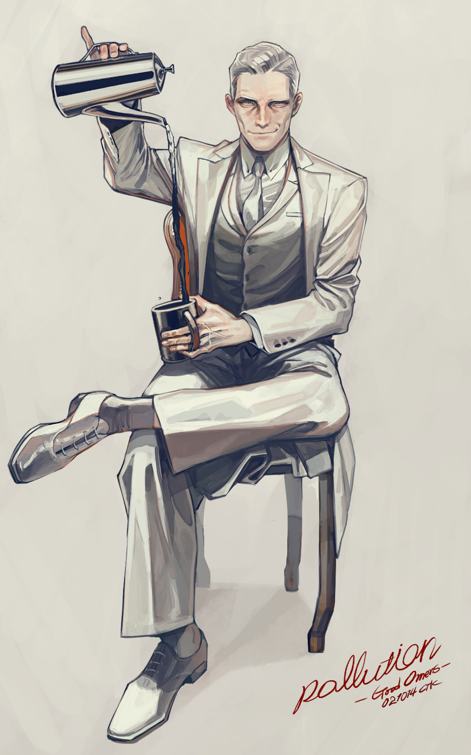 good omens, highres, 1boy, chair, coffee, collared shirt, crossed legs, ctkcave, cup, dress shoes, english text, formal clothes, grey socks, holding, holding cup, holding kettle, kettle, looking at viewer, male focus, necktie, old, old man, on chair, pollution (good omens), shirt, shoes, simple background, sitting, smirk, socks, solo, suit, vest, white background, white eyes, white hair, white necktie, white shirt, white shoes, white suit, white vest