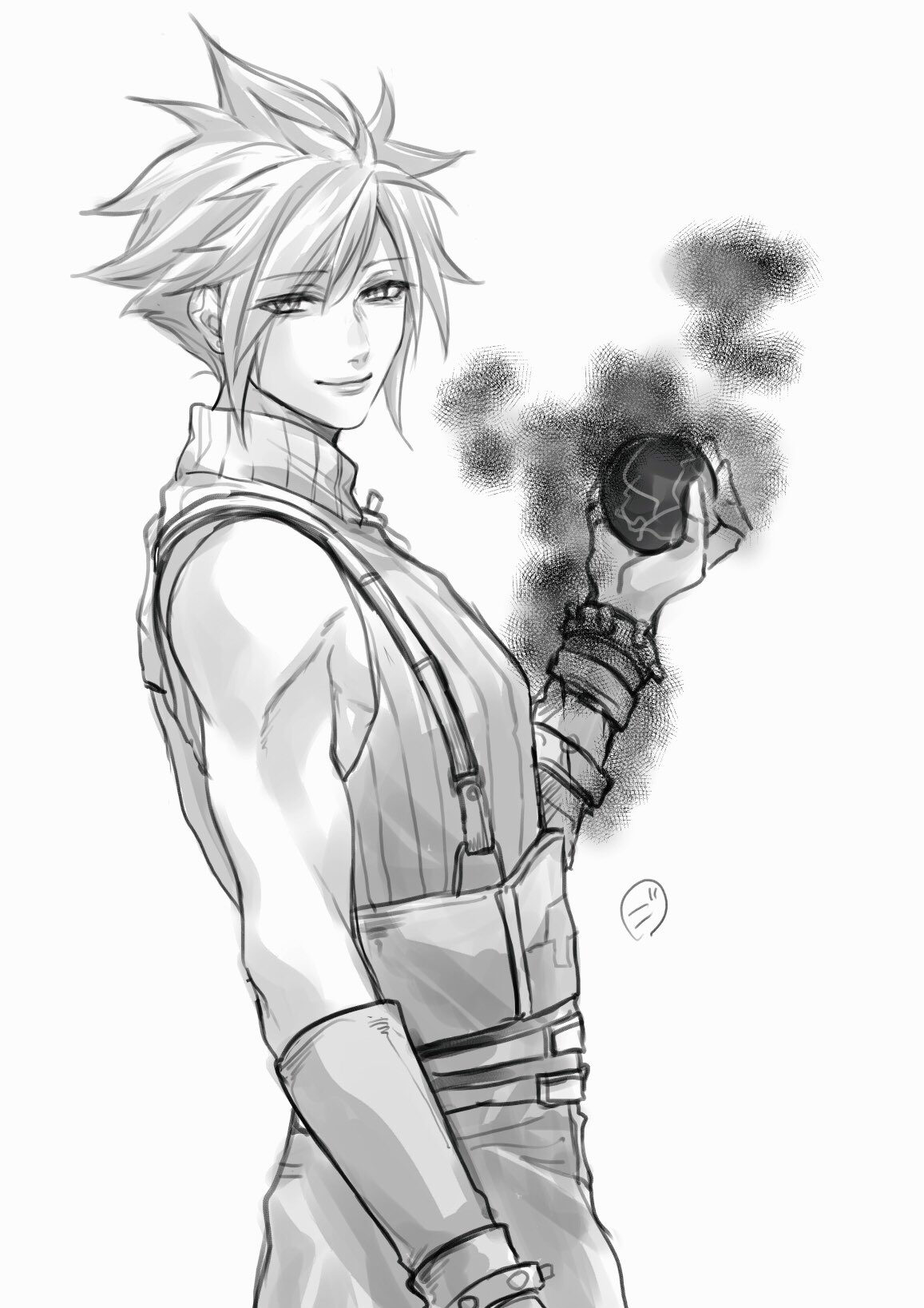 gogochi55, cloud strife, final fantasy, final fantasy vii, final fantasy vii rebirth, final fantasy vii remake, commentary request, highres, 1boy, bare shoulders, belt, black materia, closed mouth, cowboy shot, from side, gloves, holding, looking at viewer, male focus, multiple belts, ribbed sweater, short hair, signature, simple background, sleeveless, sleeveless turtleneck, solo, spiked hair, suspenders, sweater, turtleneck, turtleneck sweater, white background