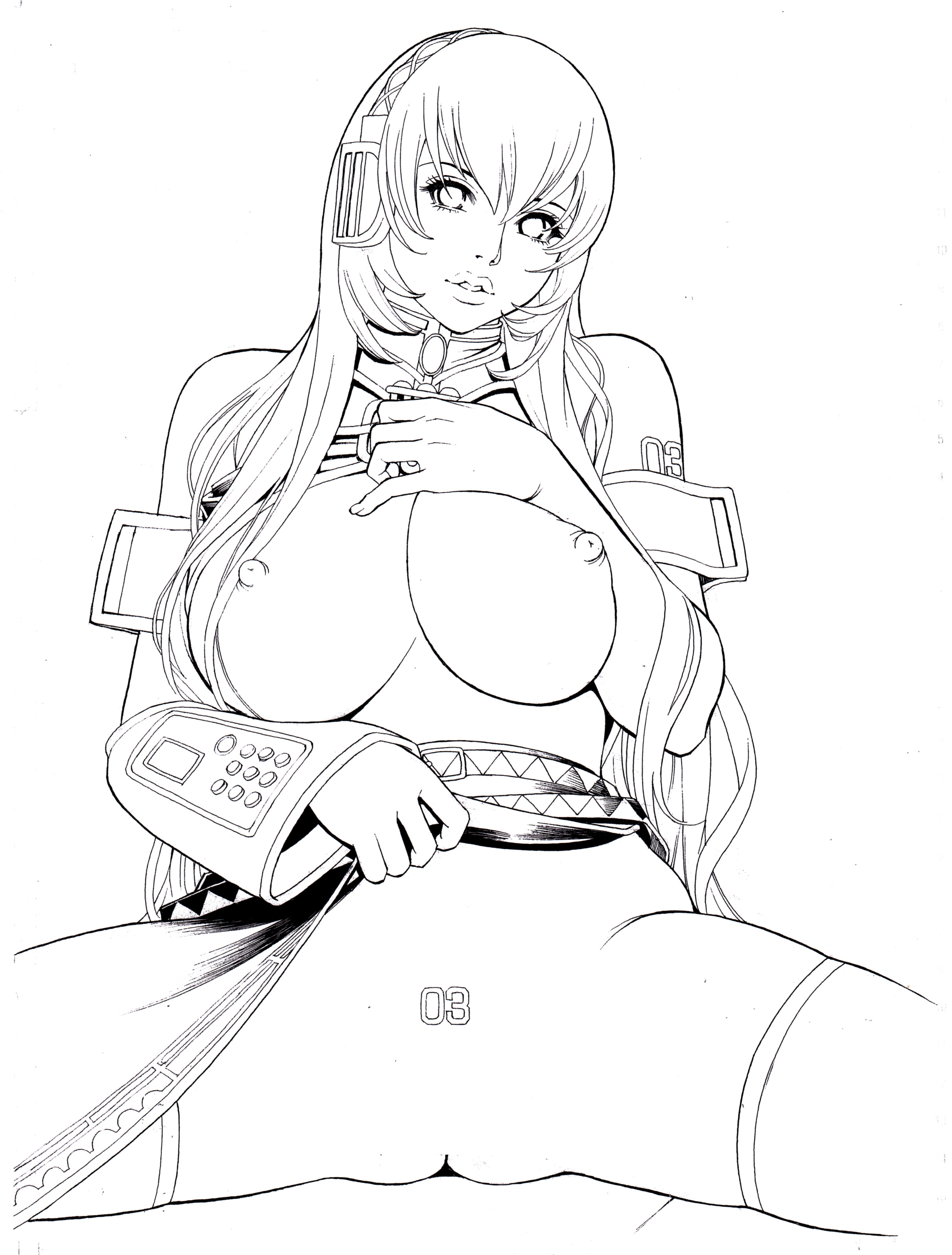 izayoi seishin, megurine luka, vocaloid, absurdres, highres, 1girl, breasts, clothes lift, female focus, greyscale, large breasts, lineart, monochrome, nipples, no panties, no pussy, skirt, skirt lift, solo, spread legs, thighhighs