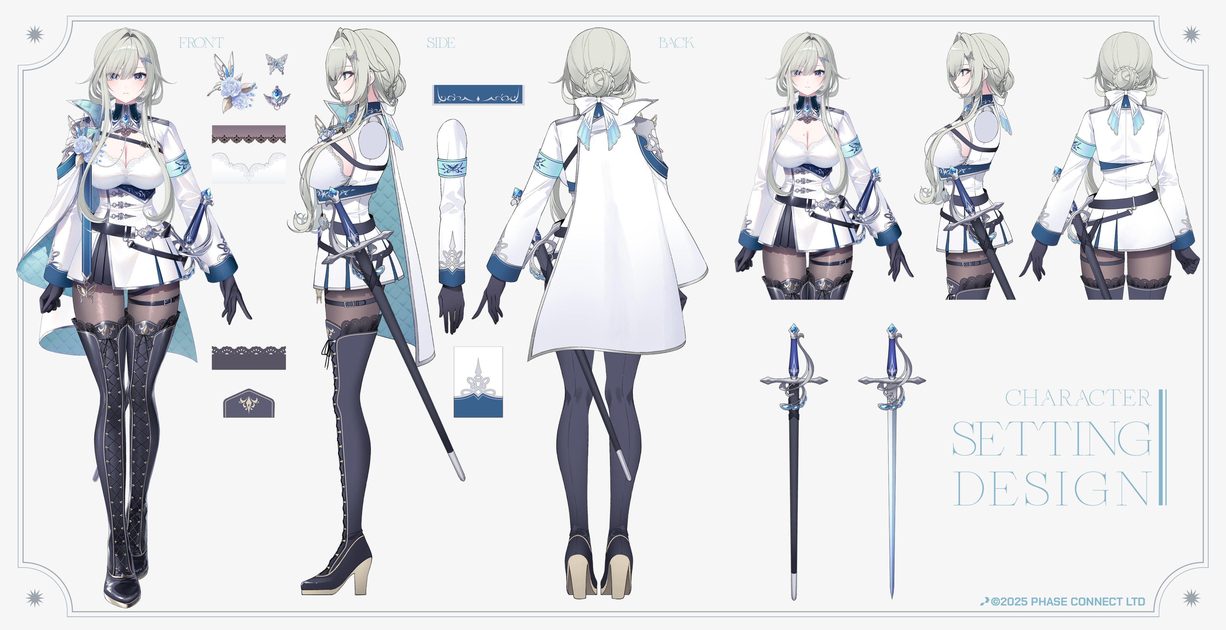 toosaka asagi, wilhelmina frost, phase connect, absurdres, highres, second-party source, 1girl, armband, black boots, black gloves, blue armband, blue eyes, boots, bow, braid, breasts, bun with braided base, butterfly hair ornament, cape, cleavage, copyright notice, dress, flower, gloves, grey hair, hair bow, hair ornament, high heel boots, high heels, large breasts, long hair, long sleeves, multiple views, pantyhose, rapier, reference sheet, rose, sheath, sheathed, sword, thigh boots, virtual youtuber, weapon, white bow, white cape, white dress, white flower, white rose