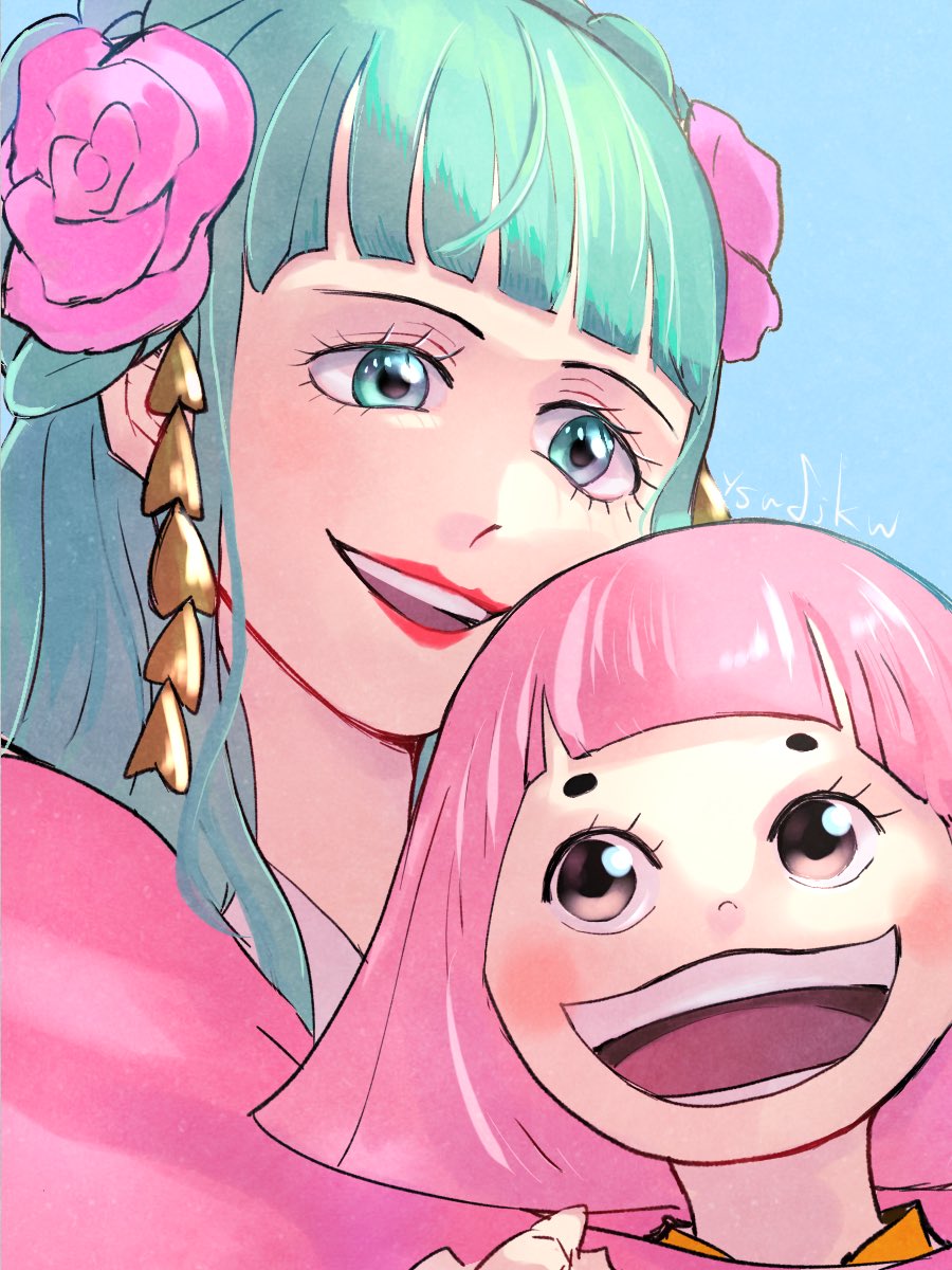 ysnfjkw, kouzuki hiyori, toko (one piece), one piece, commentary, highres, 2girls, aqua eyes, blue background, blunt bangs, blush, eyelashes, flower, hair flower, hair ornament, hug, japanese clothes, kimono, long hair, multiple girls, open mouth, pink flower, pink hair, pink kimono, red lips, short eyebrows, simple background