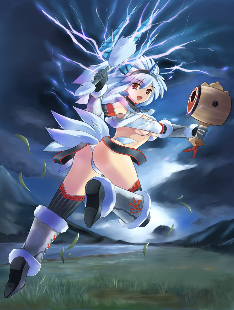 tenro aya, capcom, monster hunter (series), 1girl, ass, blush, breasts, cloud, elbow gloves, female focus, field, gloves, grass, hairband, hammer, horns, kirin (armor), lake, large breasts, lightning, open mouth, red eyes, single horn, sky, smile, solo, thighhighs, underboob, weapon, white hair