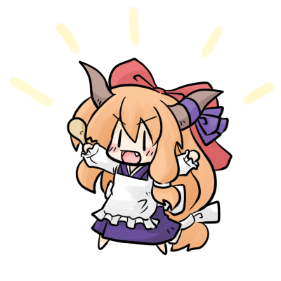 yanagi (nurikoboshi), ibuki suika, touhou, lowres, 1girl, apron, blush, chibi, fang, female focus, full body, hair ribbon, horns, orange hair, ribbon, simple background, solo, standing, white background, | |