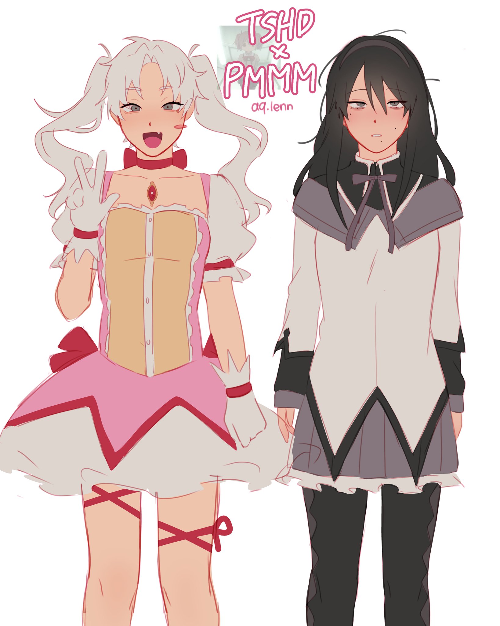 akemi homura, akemi homura (magical girl), indou hikaru, kaname madoka, kaname madoka (magical girl), tsujinaka yoshiki, hikaru ga shinda natsu, mahou shoujo madoka magica, highres, 2girls, aqlenn, black hair, choker, collarbone, crossover, dress, fang, feet out of frame, genderswap, genderswap (mtf), gloves, grey dress, grey eyes, hand up, high collar, long hair, loose hair strand, multiple girls, open mouth, pantyhose, pink dress, red choker, soul gem, standing, teeth, twintails, v, white dress, white gloves, white hair, yuri