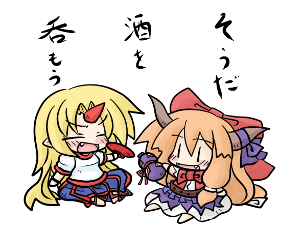 yanagi (nurikoboshi), hoshiguma yuugi, ibuki suika, touhou, translated, 2girls, blonde hair, blush, chibi, cup, fang, female focus, gourd, hair ribbon, horns, multiple girls, orange hair, ribbon, sakazuki, single horn, | |