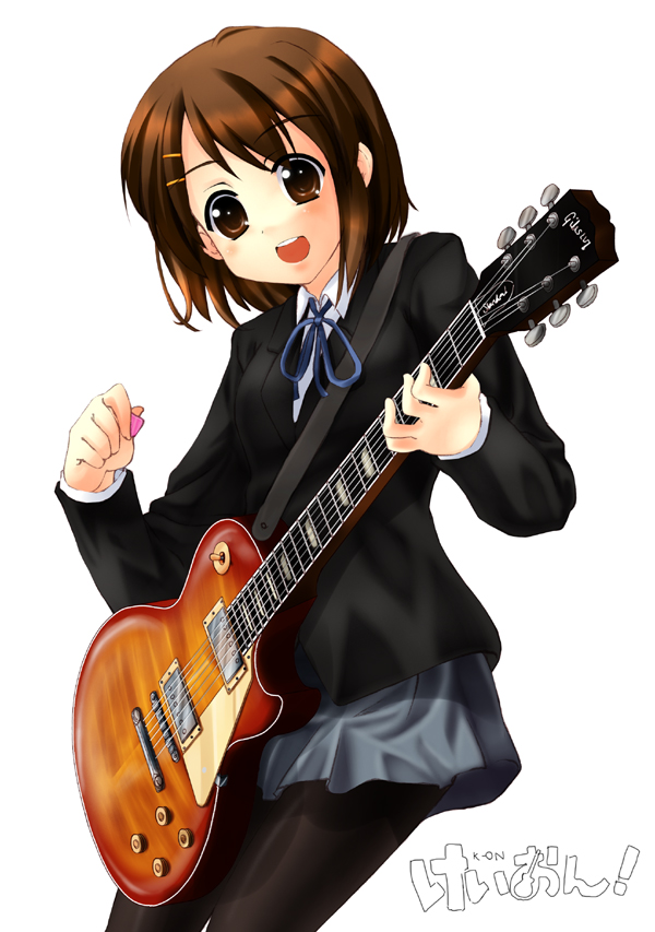 iga tamaki, hirasawa yui, k-on!, 00s, 1girl, brown eyes, brown hair, electric guitar, female focus, gibson les paul, guitar, hair ornament, hairclip, instrument, pantyhose, plectrum, school uniform, short hair, simple background, solo