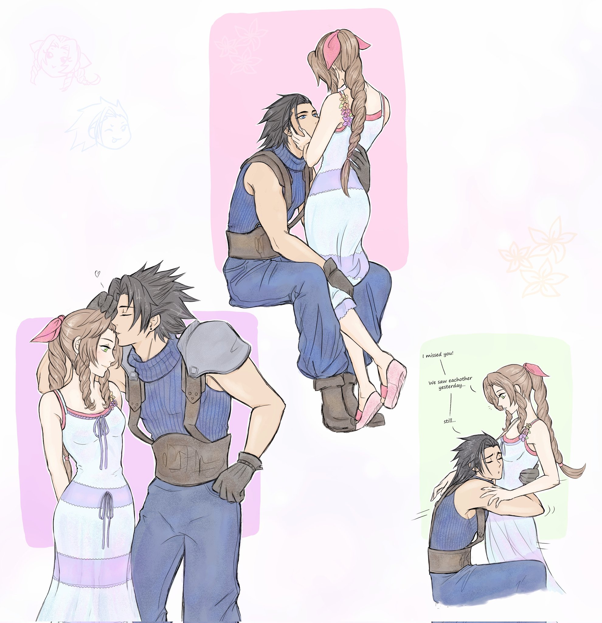 anna m, aerith gainsborough, zack fair, crisis core final fantasy vii, final fantasy, final fantasy vii, commentary, english commentary, highres, 1boy, 1girl, armor, arms behind back, baggy pants, bare shoulders, black hair, blue eyes, blue pants, blue sweater, boots, braid, braided ponytail, brown boots, brown hair, couple, dress, english text, feet out of frame, full body, green eyes, hair ribbon, hand on another's back, hands on another's cheeks, hands on another's face, hetero, hug, kiss, kissing forehead, long hair, looking at another, looking at viewer, multiple views, pants, parted bangs, pink ribbon, ponytail, ribbed sweater, ribbon, sandals, shoulder armor, sitting, sleeveless, sleeveless dress, sleeveless turtleneck, spiked hair, standing, sweater, turtleneck, turtleneck sweater