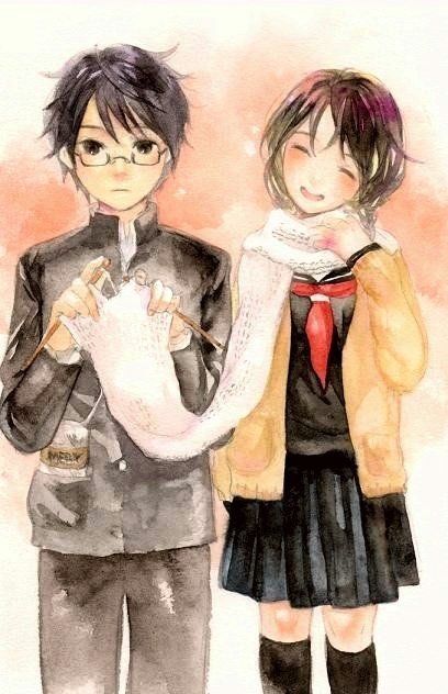 akitomo, kasumi (hitokuri), original, bad id, bad pixiv id, painting (medium), traditional media, watercolor (medium), 1boy, 1girl, ^ ^, black hair, cardigan, closed eyes, couple, glasses, hetero, kneehighs, knitting, scarf, school uniform, serafuku, smile, socks