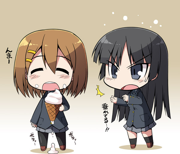 serebi ryousangata, akiyama mio, hirasawa yui, k-on!, bad id, bad pixiv id, 00s, 2girls, black hair, brown hair, chibi, closed eyes, eating, food, food on face, hair ornament, hairclip, ice cream, ice cream on face, multiple girls, pantyhose, school uniform