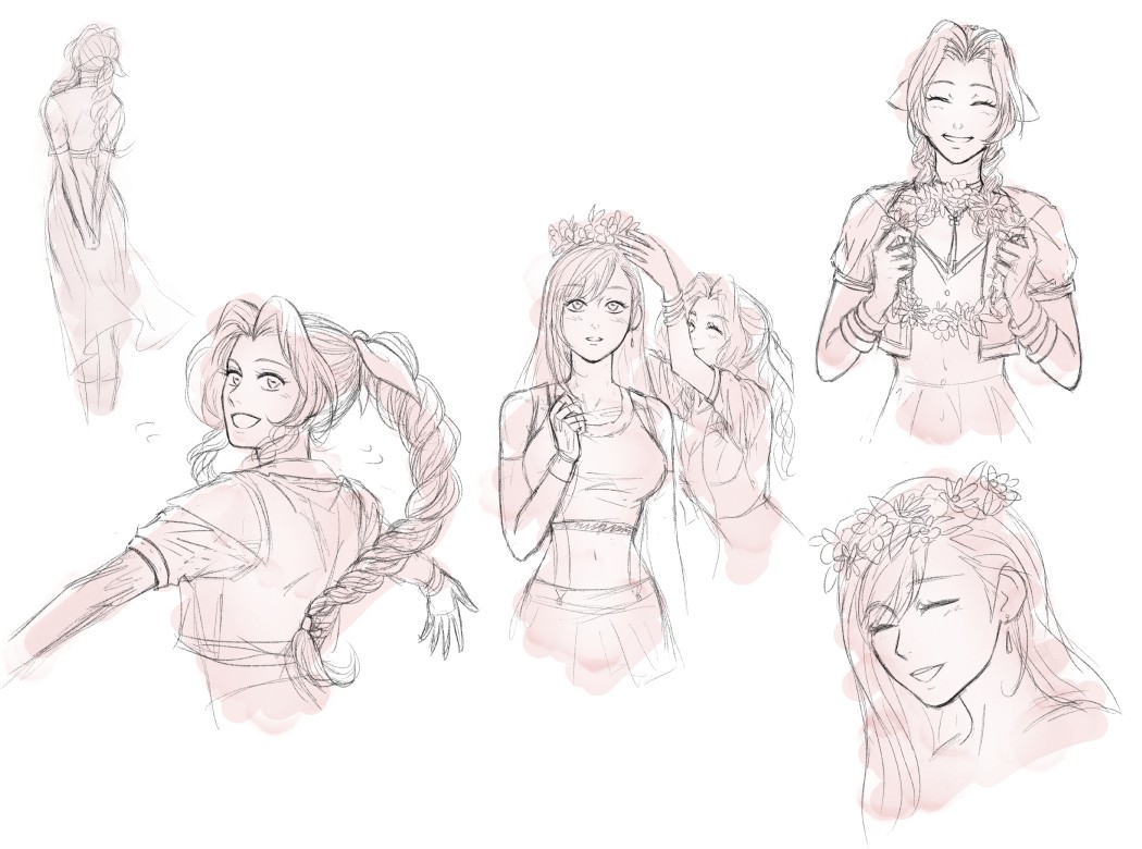anna m, aerith gainsborough, tifa lockhart, final fantasy, final fantasy vii, final fantasy vii rebirth, final fantasy vii remake, commentary, english commentary, 2girls, bare shoulders, bracelet, braid, braided ponytail, closed eyes, crop top, cropped torso, dress, elbow gloves, from behind, gloves, hair ribbon, head wreath, holding head wreath, jacket, jewelry, light blush, long hair, multiple girls, multiple views, open clothes, open jacket, open mouth, parted bangs, parted lips, ponytail, ribbon, short sleeves, simple background, skirt, smile, suspender skirt, suspenders, tank top, upper body, white background